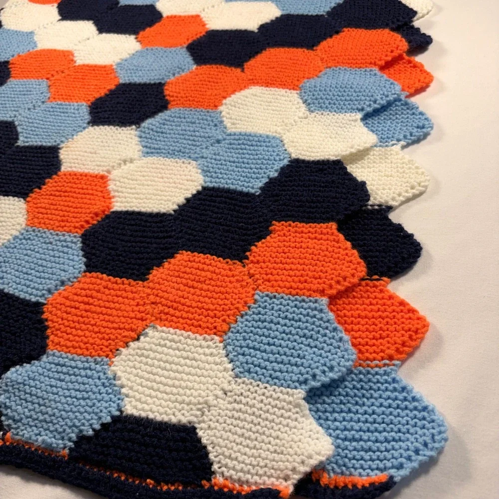 Handmade Knit Geometric Blanket Throw Navy Orange Blue White Honeycomb 44x32